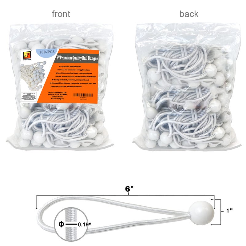 Wellmax 6 inch 100 Piece Heavy Duty 5mm Ball Bungee Canopy Cord by Wellmax, White Color - Image 2